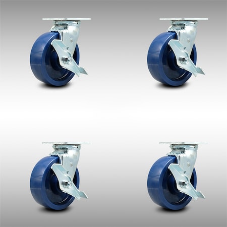 Service Caster 6 Inch SS Solid Poly Swivel Caster Set with Roller Bearings and Brakes SCC SCC-SS30S620-SPUR-TLB-4